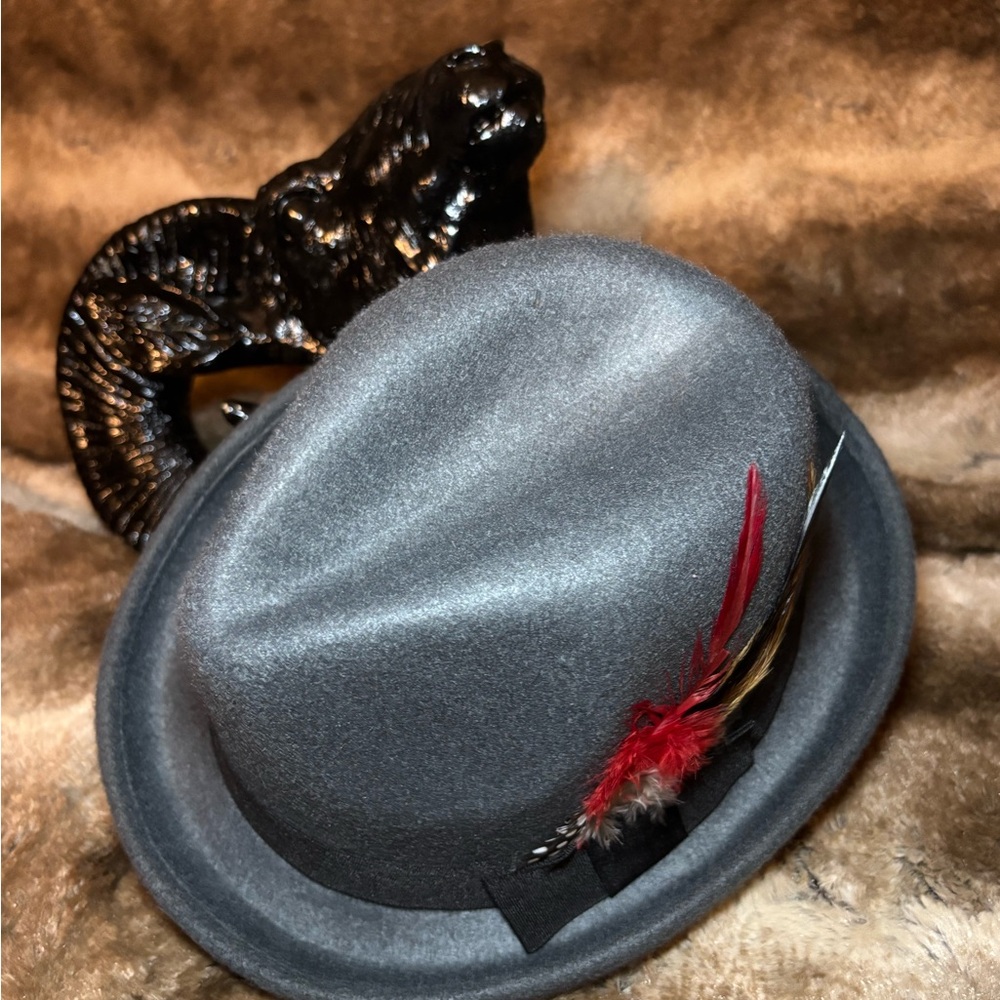 Gray Fedora with Red Feather Accent